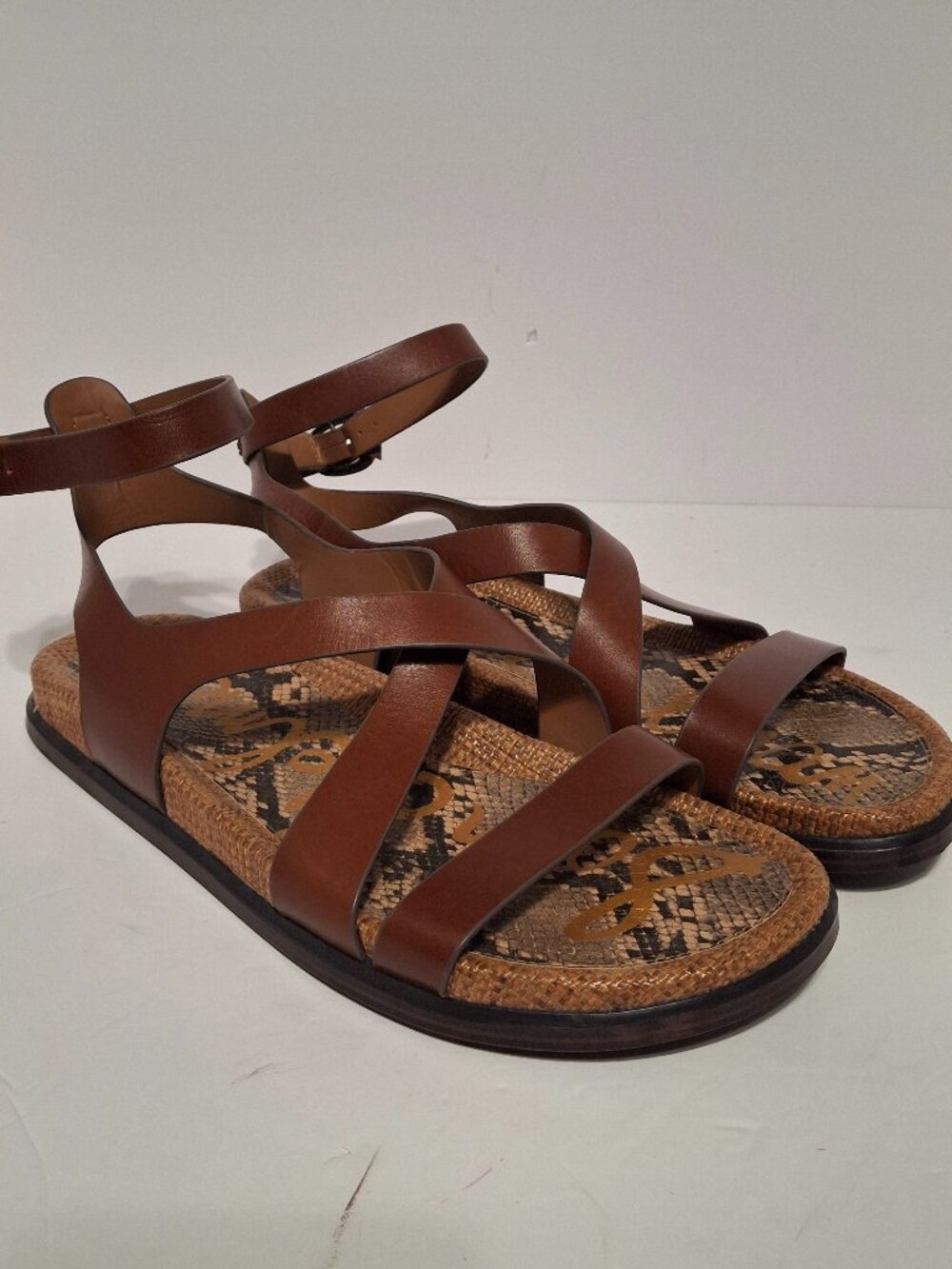 Sam Edelman Brown Leather Strappy Flat Sandals Snake Print Size 11